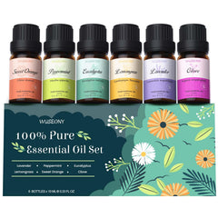 WUSEONY Top 6 essential oils gift set packaging showing six diffuser oils.