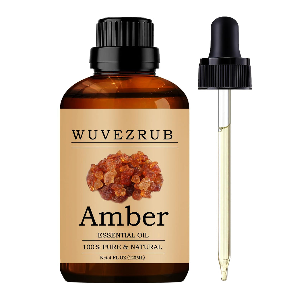 Wuvezrub Amber essential oil bottle shown for pure aroma and diffuser use.