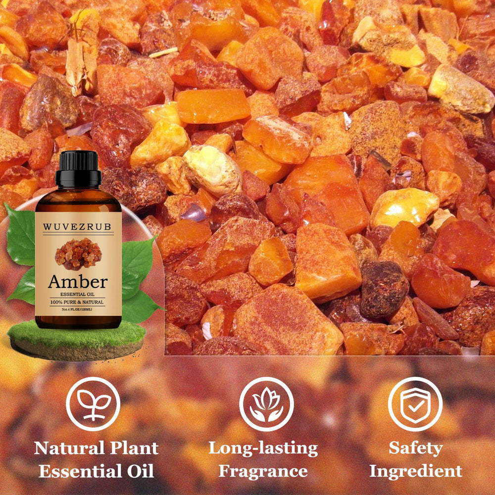 Wuvezrub amber essential oil with candle context for subtle evening scent.