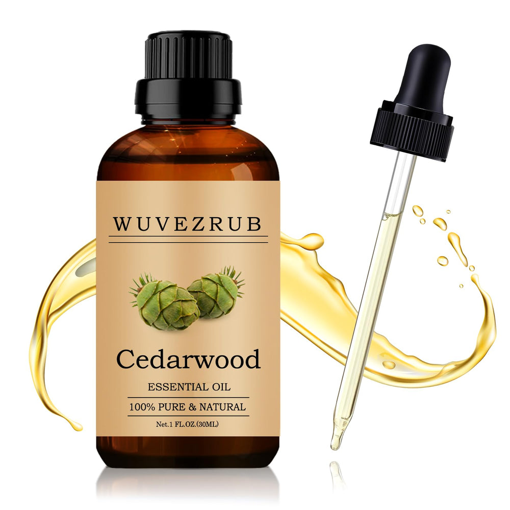 Wuvezrub Cedarwood essential oil bottle showcases pure steam-distilled aroma for diffusers.