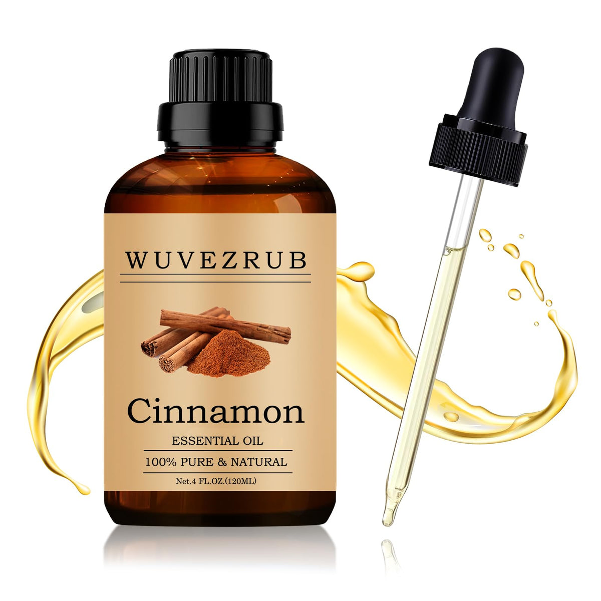 Wuvezrub Cinnamon Essential Oil bottle with pour spout for easy aroma diffusion.