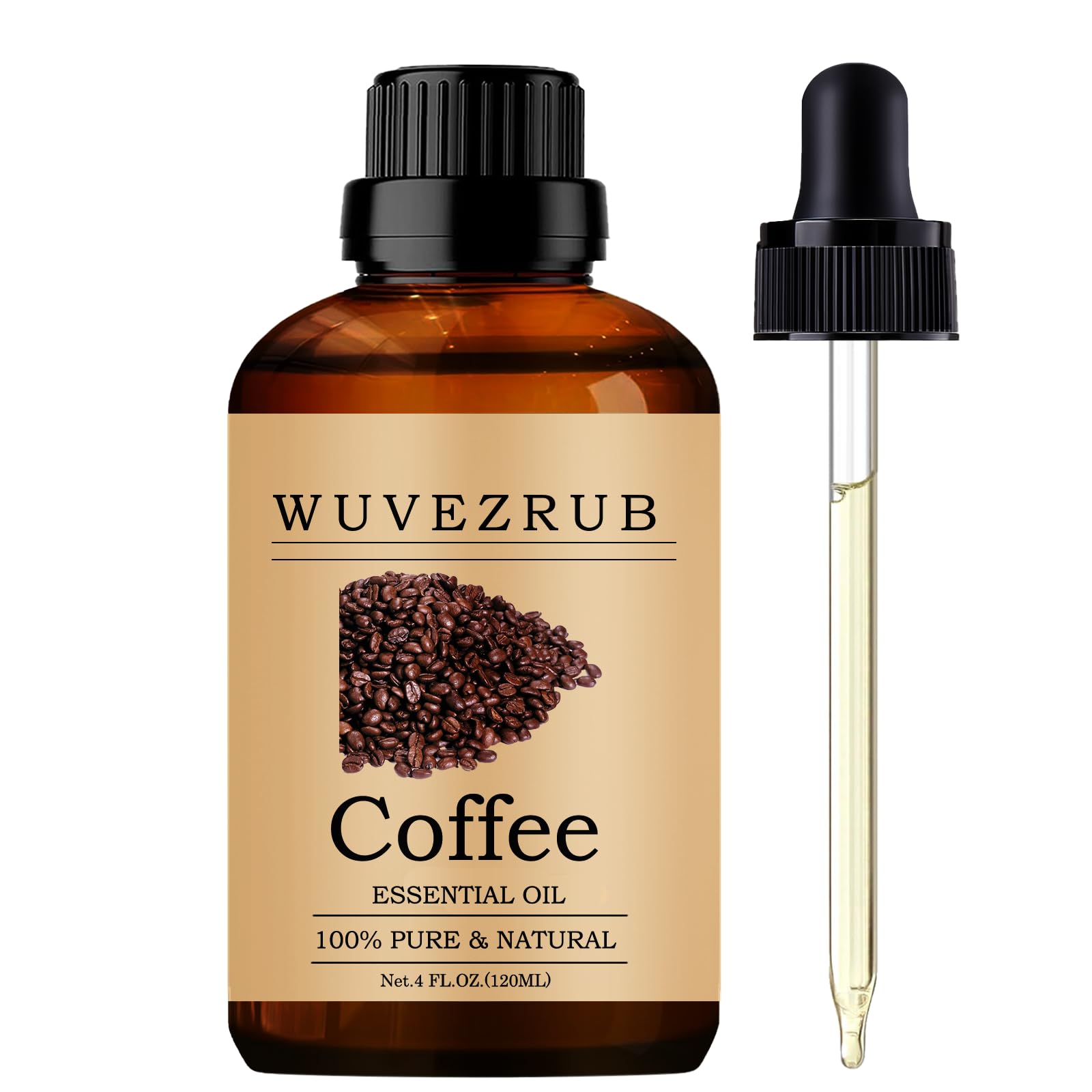 Wuvezrub Coffee Oil bottle label showing pure aroma ready for diffusion