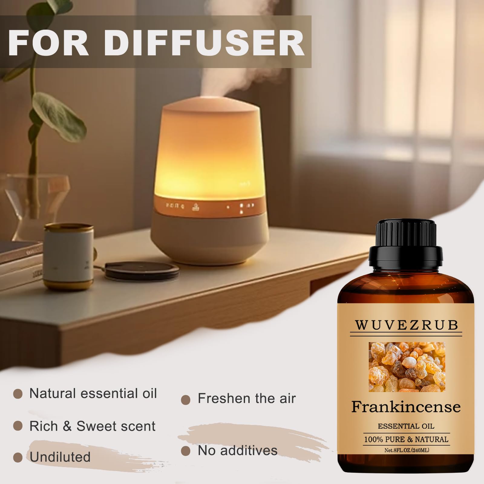 Wuvezrub Frankincense label closeup confirms quality and additives absence.