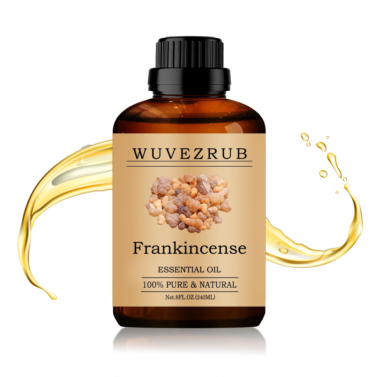 Wuvezrub Frankincense oil bottle close-up showing pure essential oil.