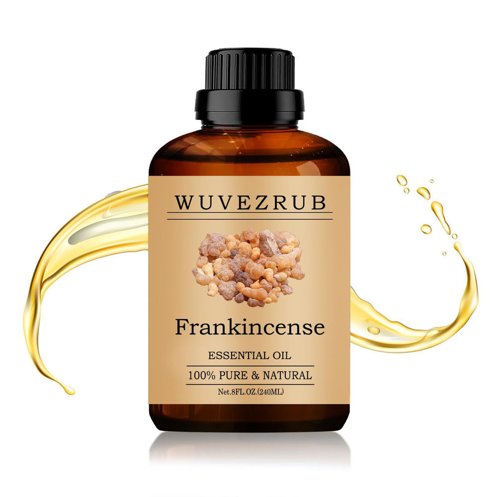 Wuvezrub Frankincense oil bottle close-up showing pure essential oil.