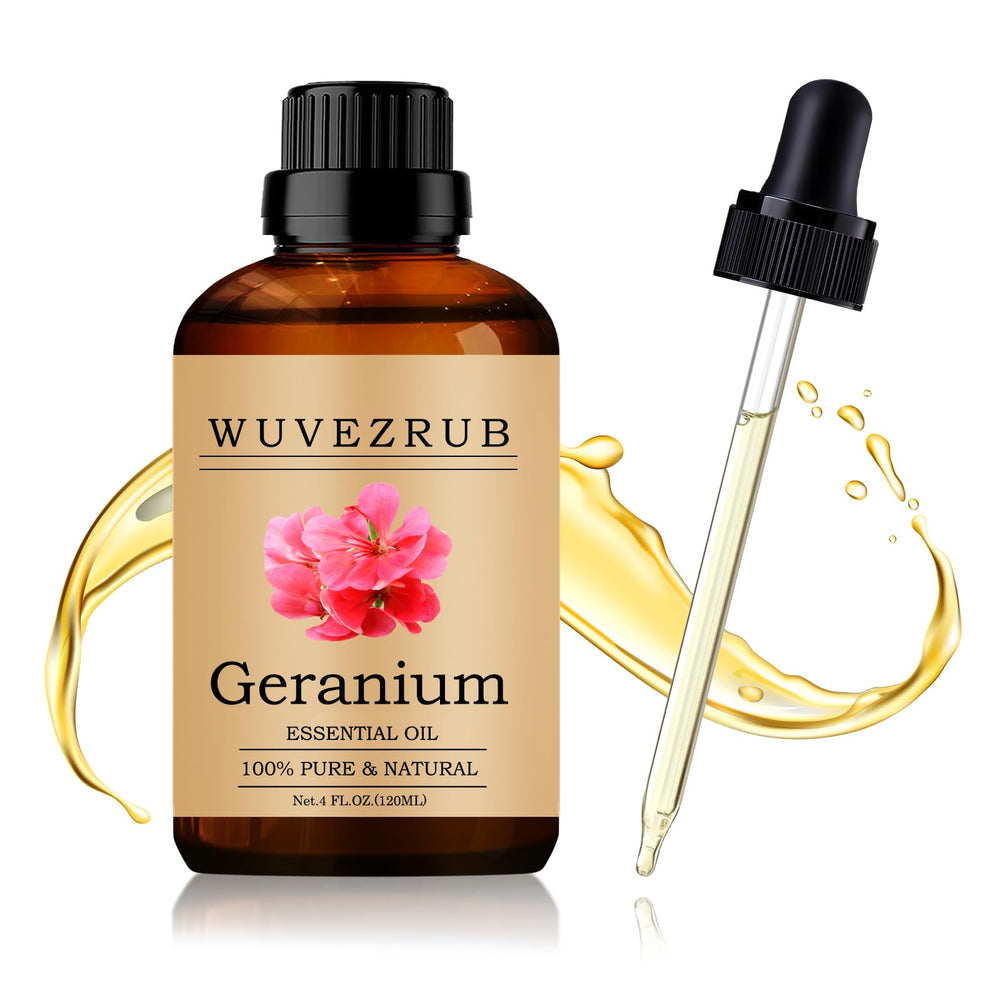Wuvezrub Geranium oil bottle closeup for aromatherapy and calming ambiance.