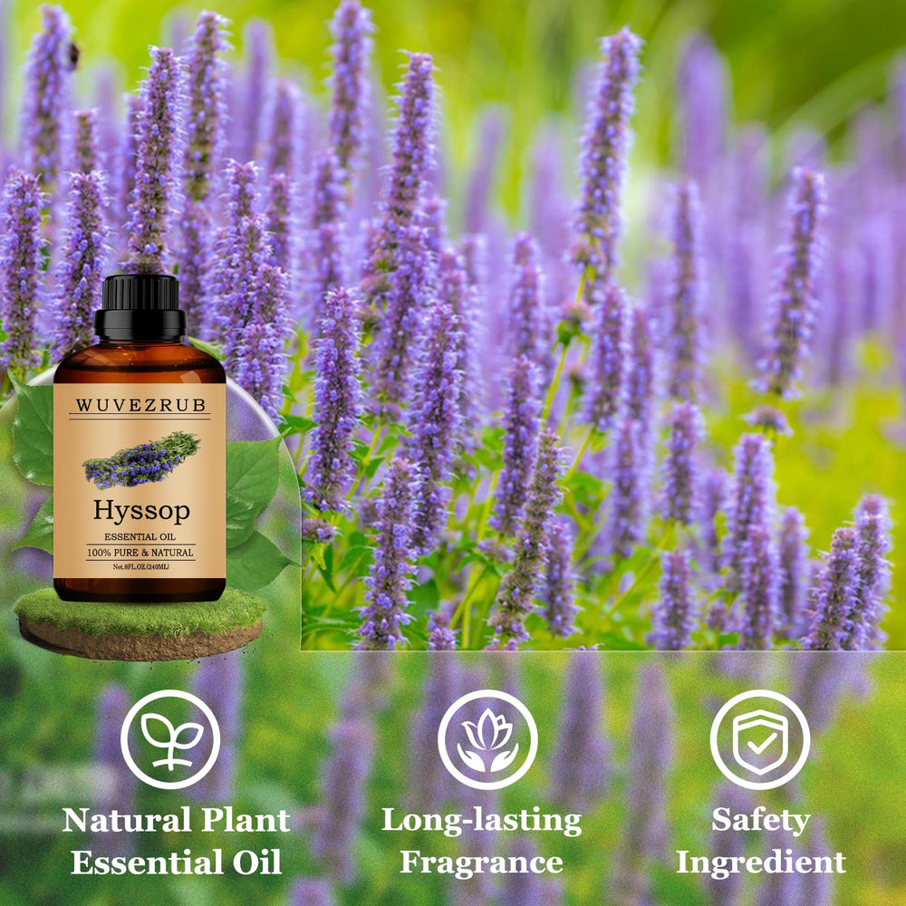 Wuvezrub Hyssop essential oil pour highlights vivid aroma for DIY blends.