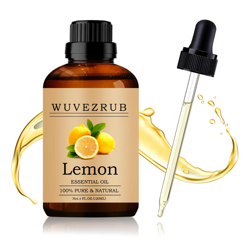 Wuvezrub lemon essential oil bottle with dropper for pure aromatherapy.