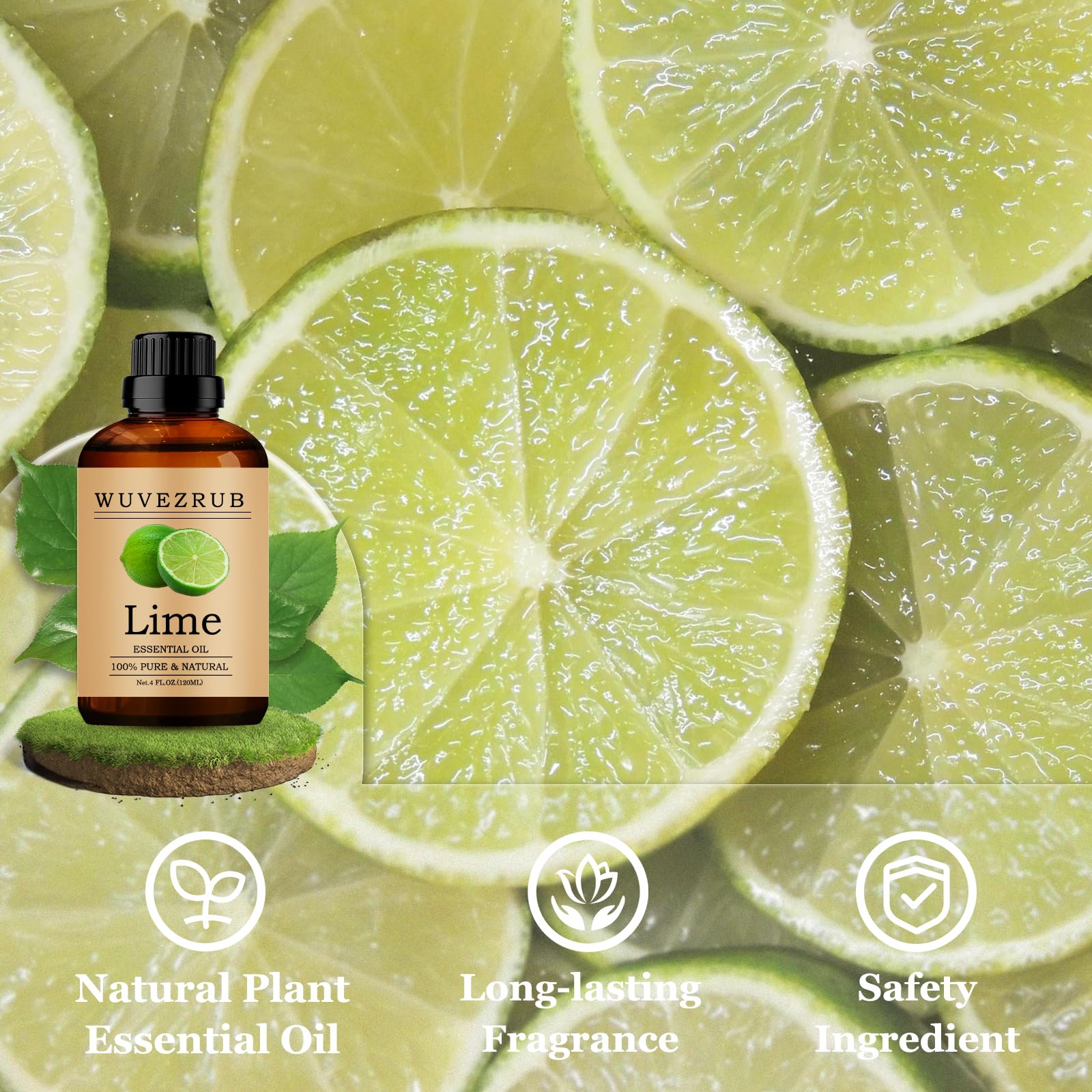 Wuvezrub lime essential oil packaging closeup highlights purity and quality.