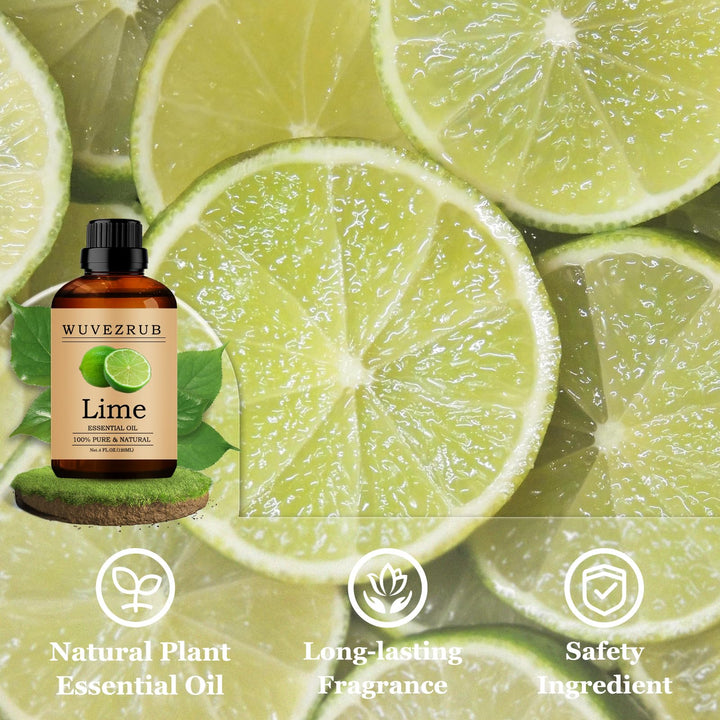 Wuvezrub lime essential oil packaging closeup highlights purity and quality.