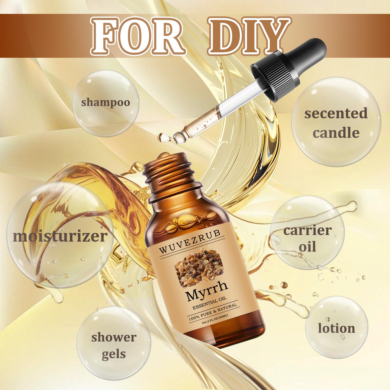 Wuvezrub Myrrh essential oil pour near diffuser for ambiance.