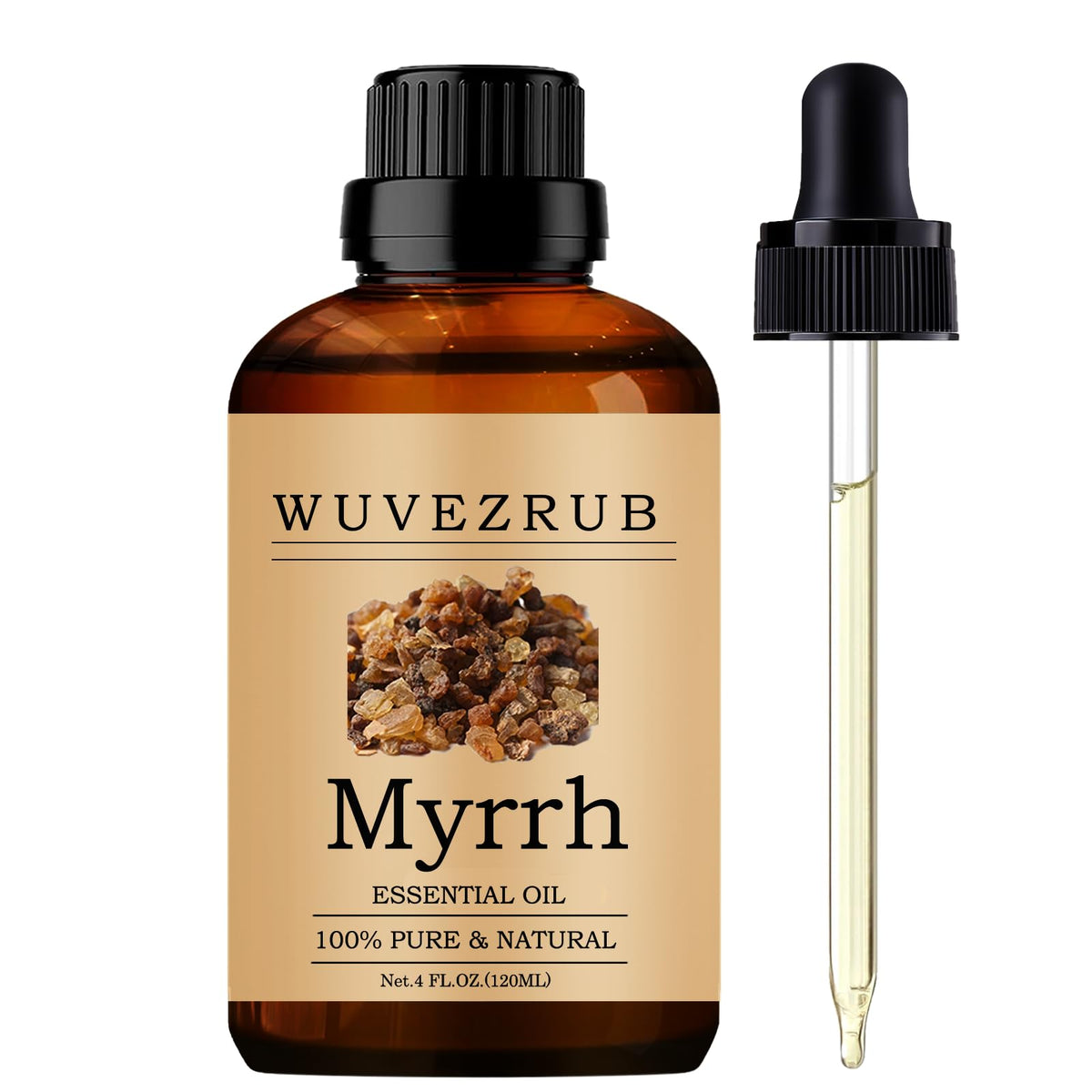 Wuvezrub Myrrh oil bottle closeup showing purity and label