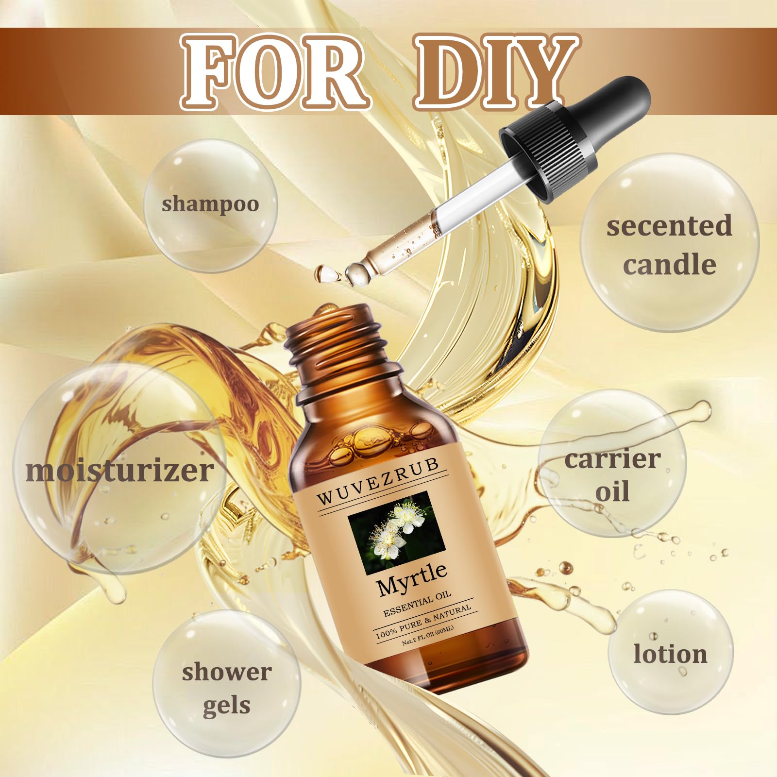 Wuvezrub Myrtle essential oil drops in diffuser creating warm scent.