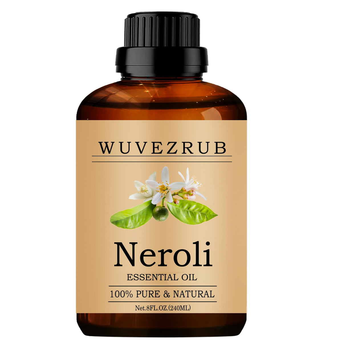 Wuvezrub Neroli oil bottle close-up for aromatherapy use.
