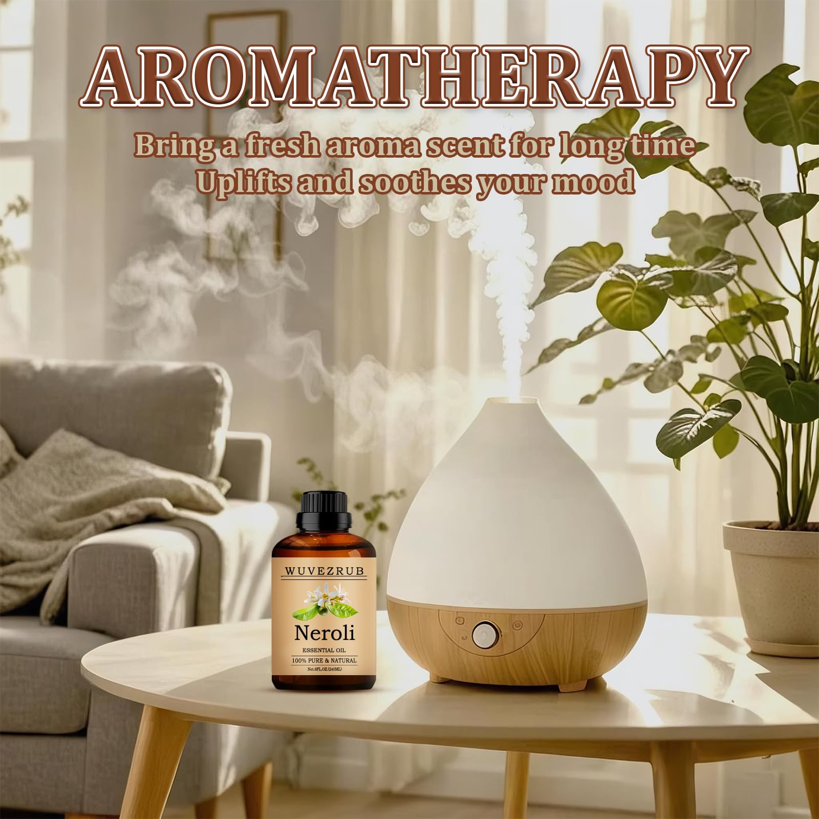 Close-up of Wuvezrub Neroli oil label showing purity and source.