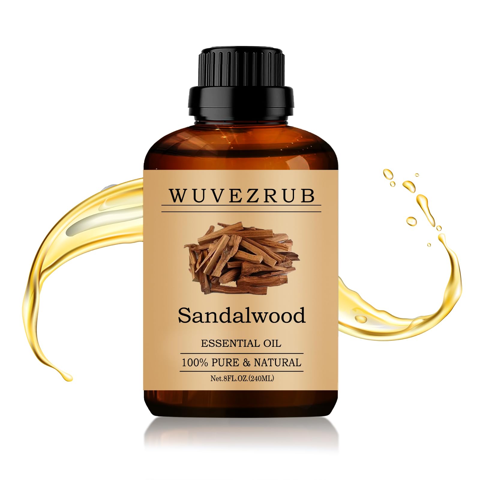 Wuvezrub Sandalwood oil bottle pour showing pure aroma ideal for diffusers