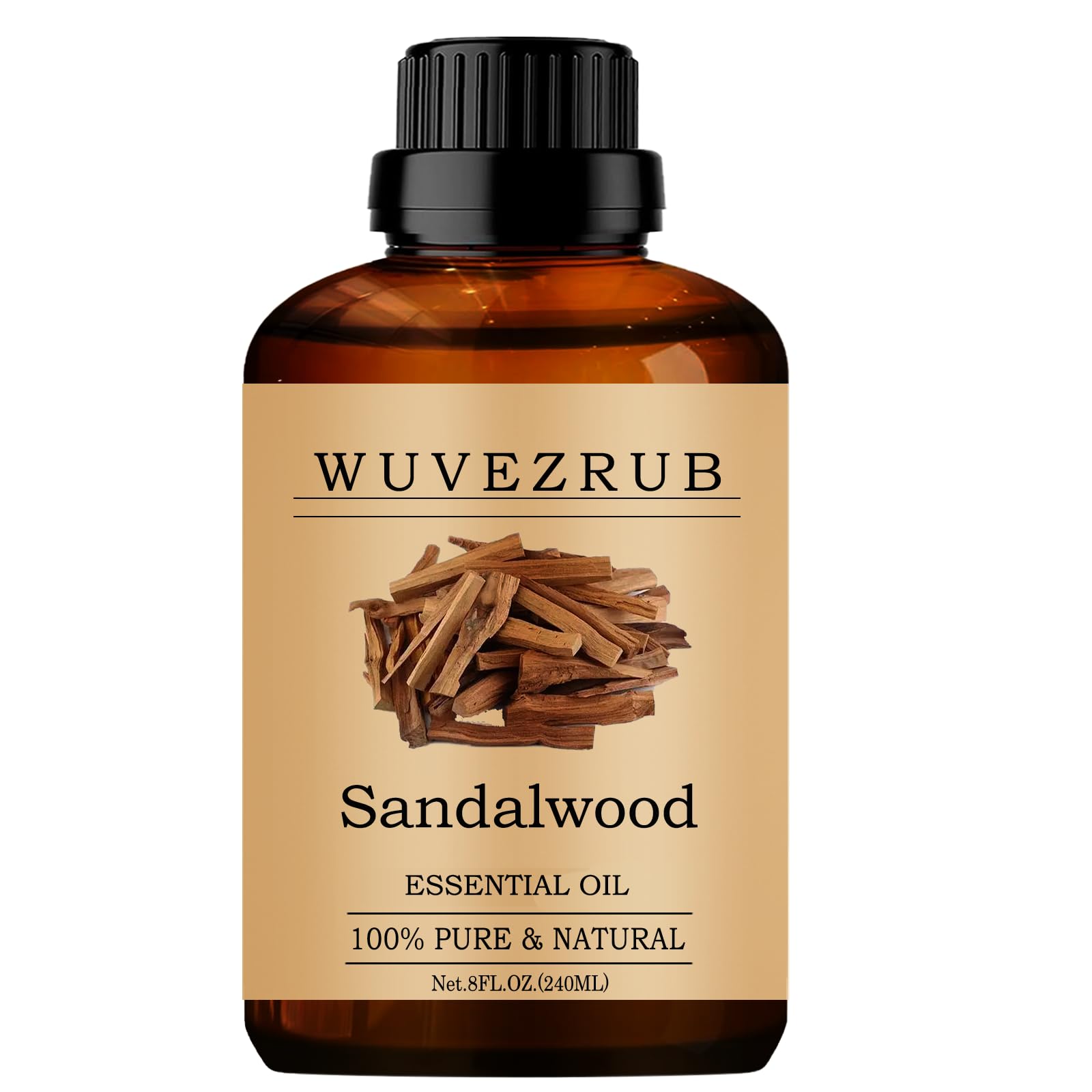 Wuvezrub sandalwood oil bottle pouring for diffuser aromatherapy.