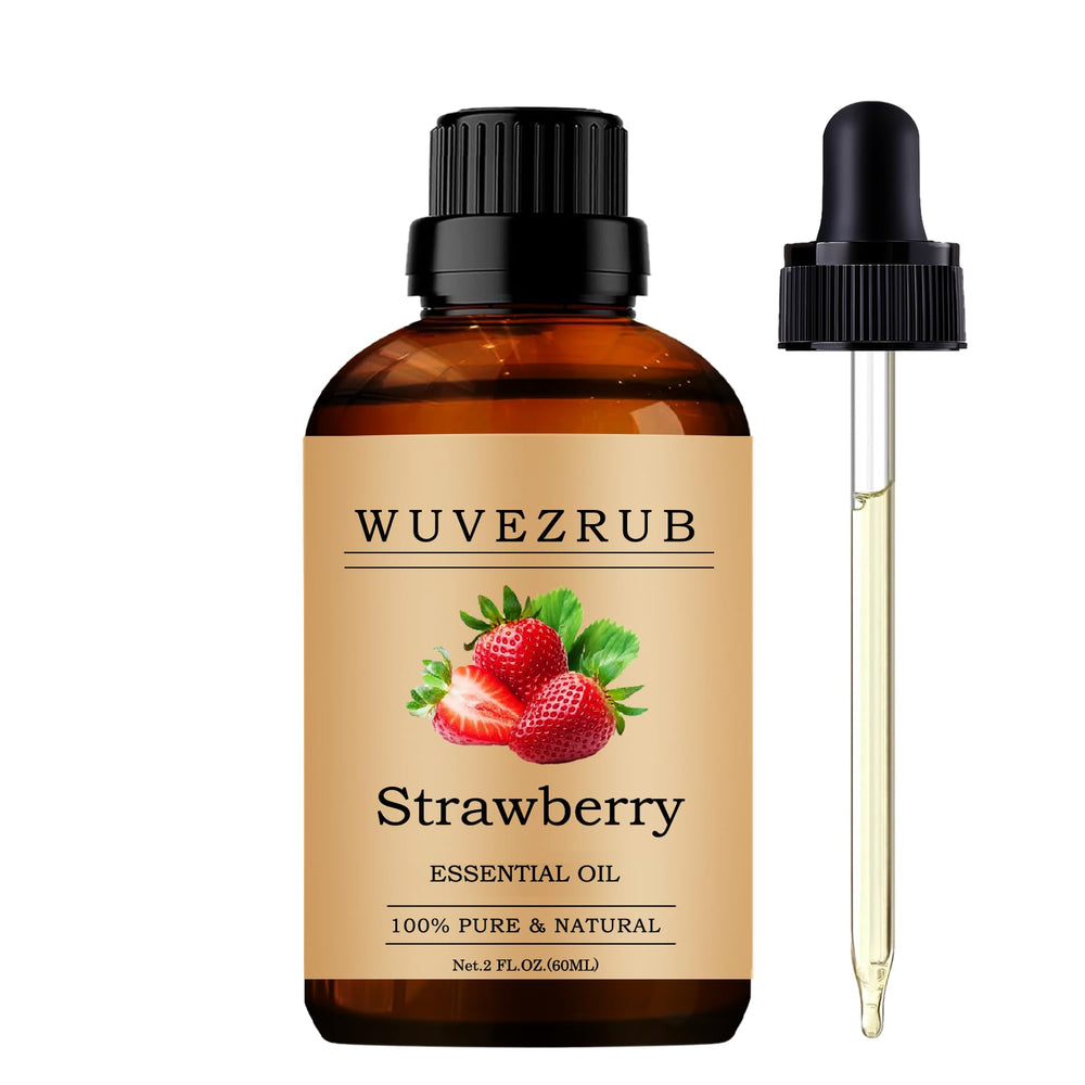 Wuvezrub Strawberry essential oil bottle close-up for aromatherapy use