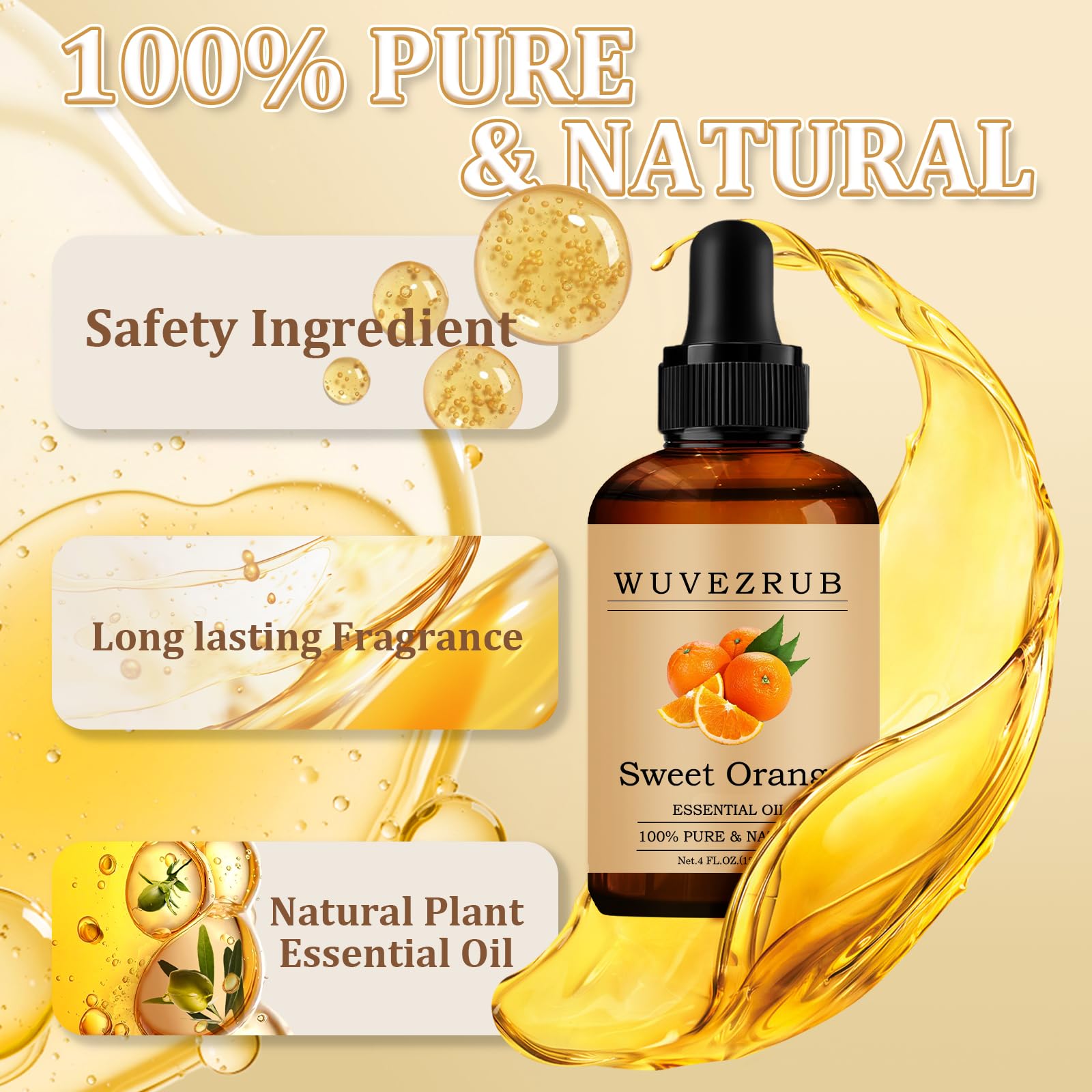 Wuvezrub Sweet Orange oil with dropper for precise dosing in diffusers.