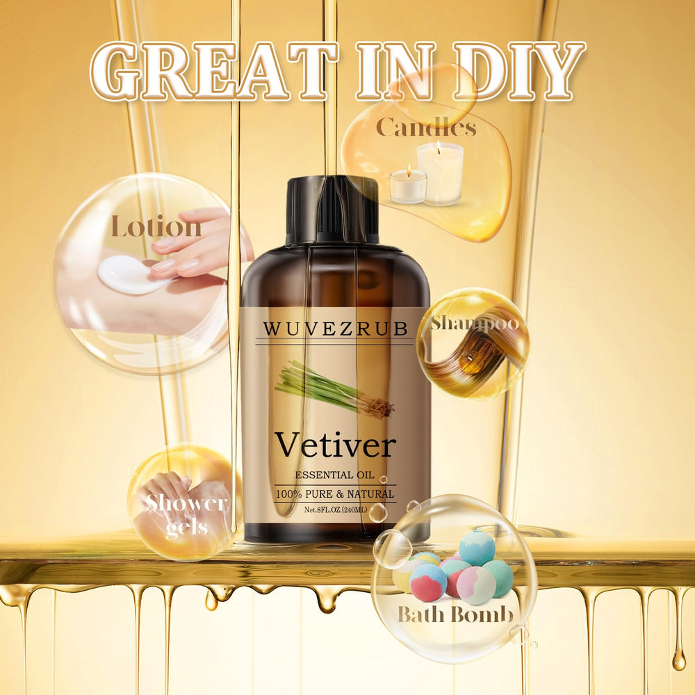Wuvezrub Vetiver oil packaging highlights quality and pure formulation.