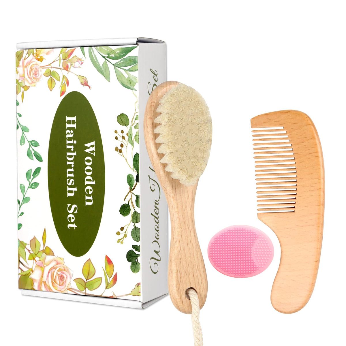 WXA baby wooden brush with soft goat bristles for gentle grooming pink