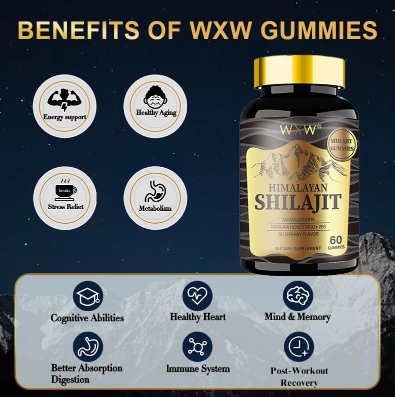 WXW Himalayan Shilajit Gummies close-up shows a convenient daily chew.