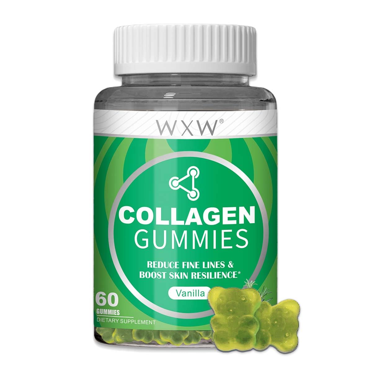 WXW Hydrolyzed Collagen Gummies bottle front showcasing vanilla flavor and beauty support.