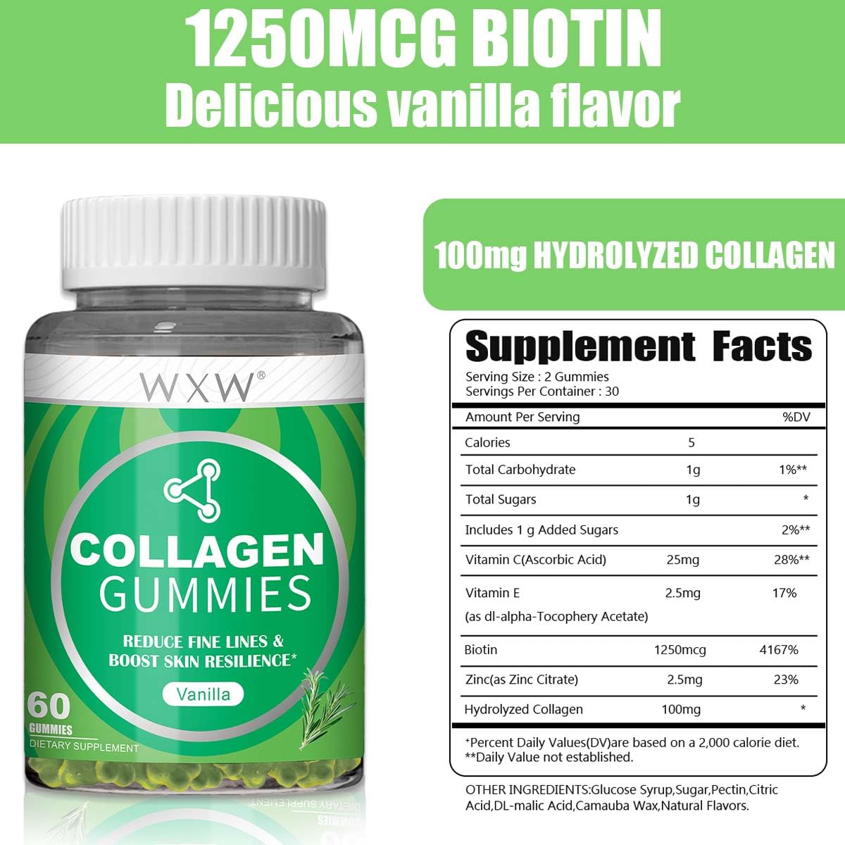 WXW Hydrolyzed Collagen Gummies nutrition label visible for transparency and ingredient trust.
