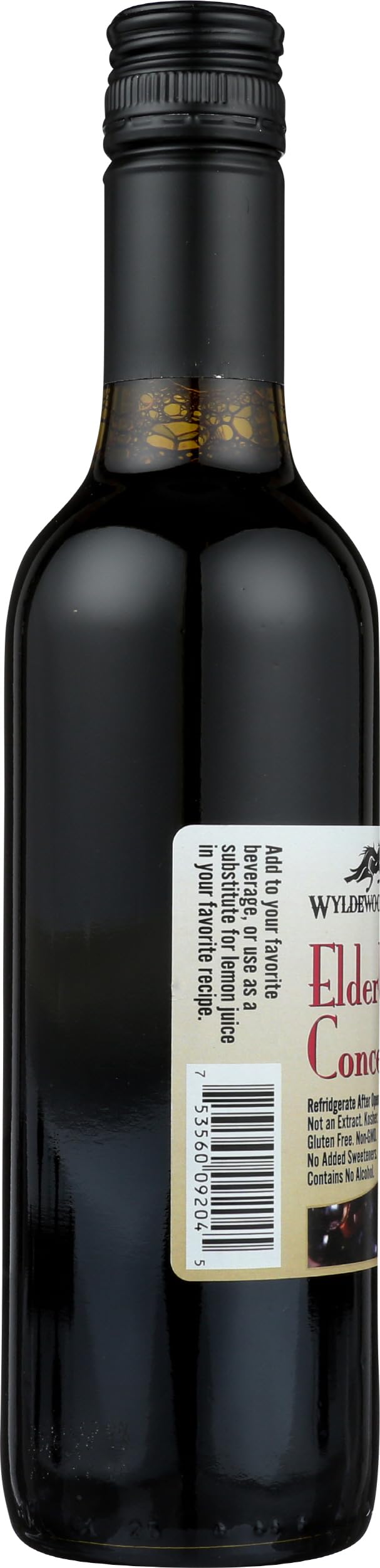 Wyldewood Cellars elderberry concentrate label detail showing natural ingredients.