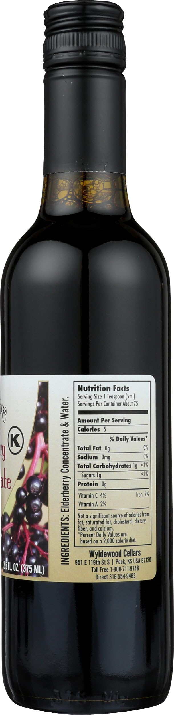 Wyldewood Cellars elderberry concentrate packaging highlighting 12.5 oz bottle.