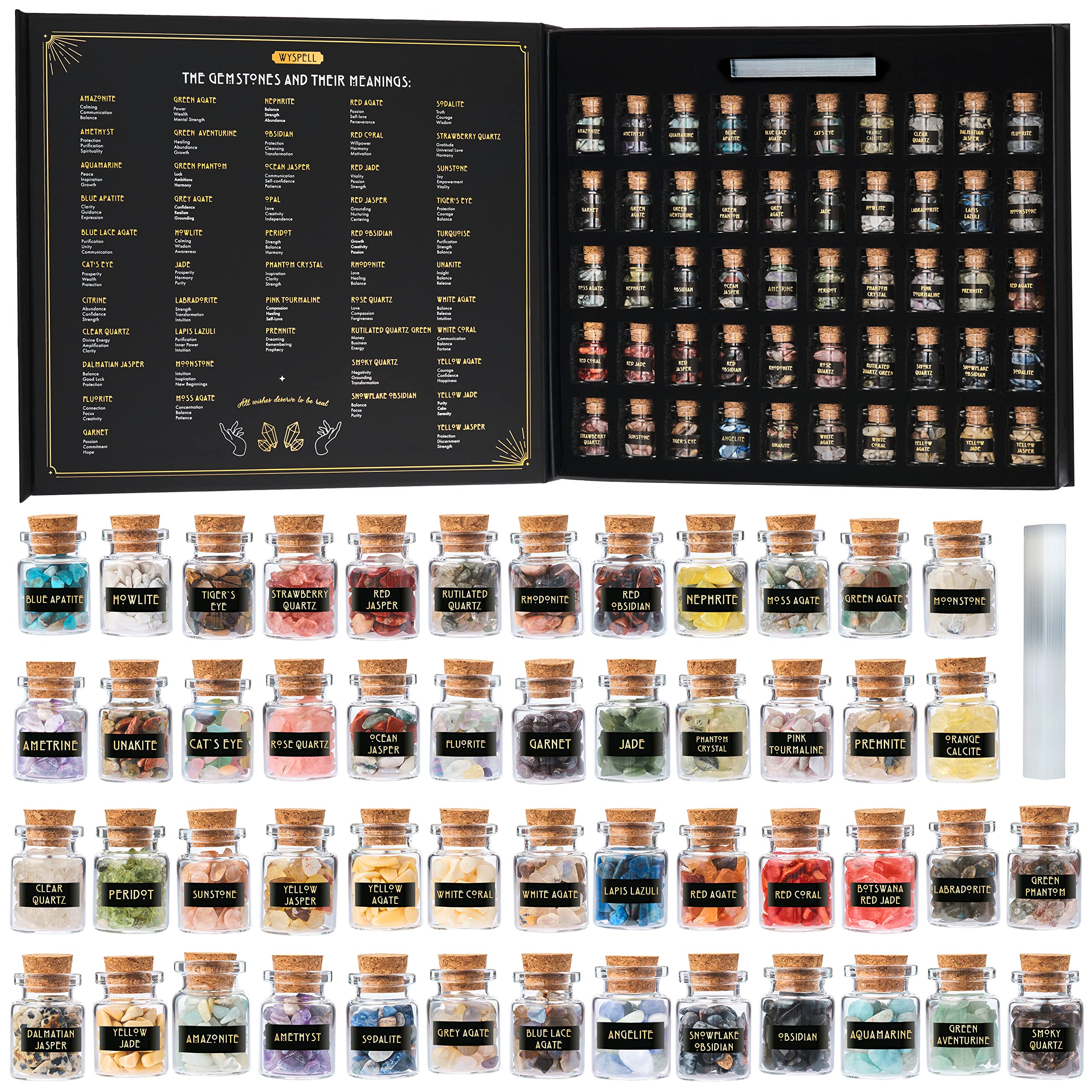 Wyspell bulk crystals 50-pcs box; organized spell jar storage.