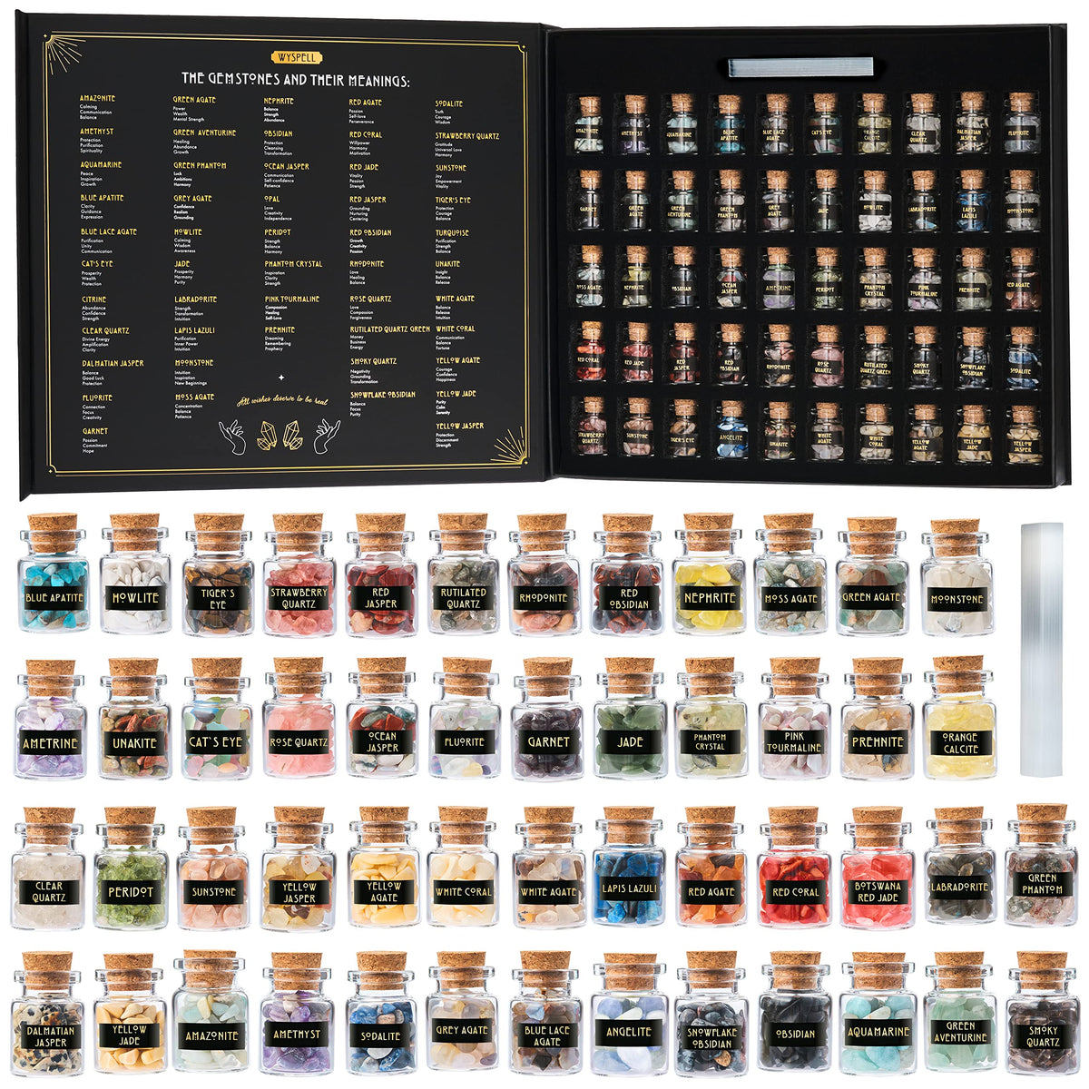 Wyspell bulk crystals 50-pcs box; organized spell jar storage.