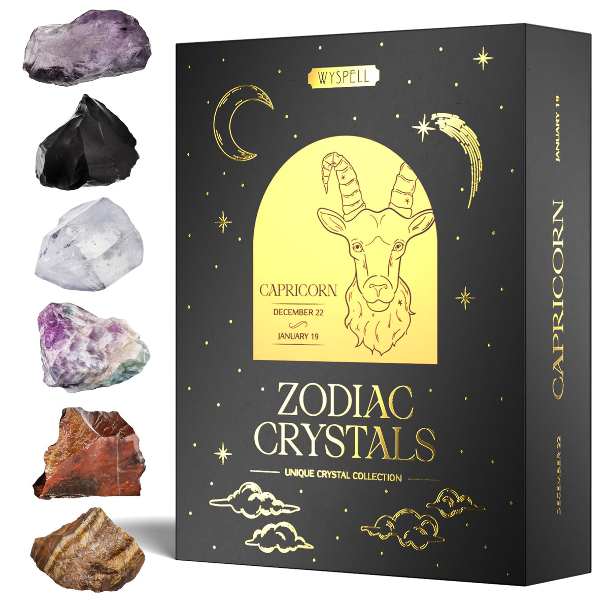 Wyspell Capricorn crystal set packaging highlights Capricorn stones for a thoughtful astrology gift.