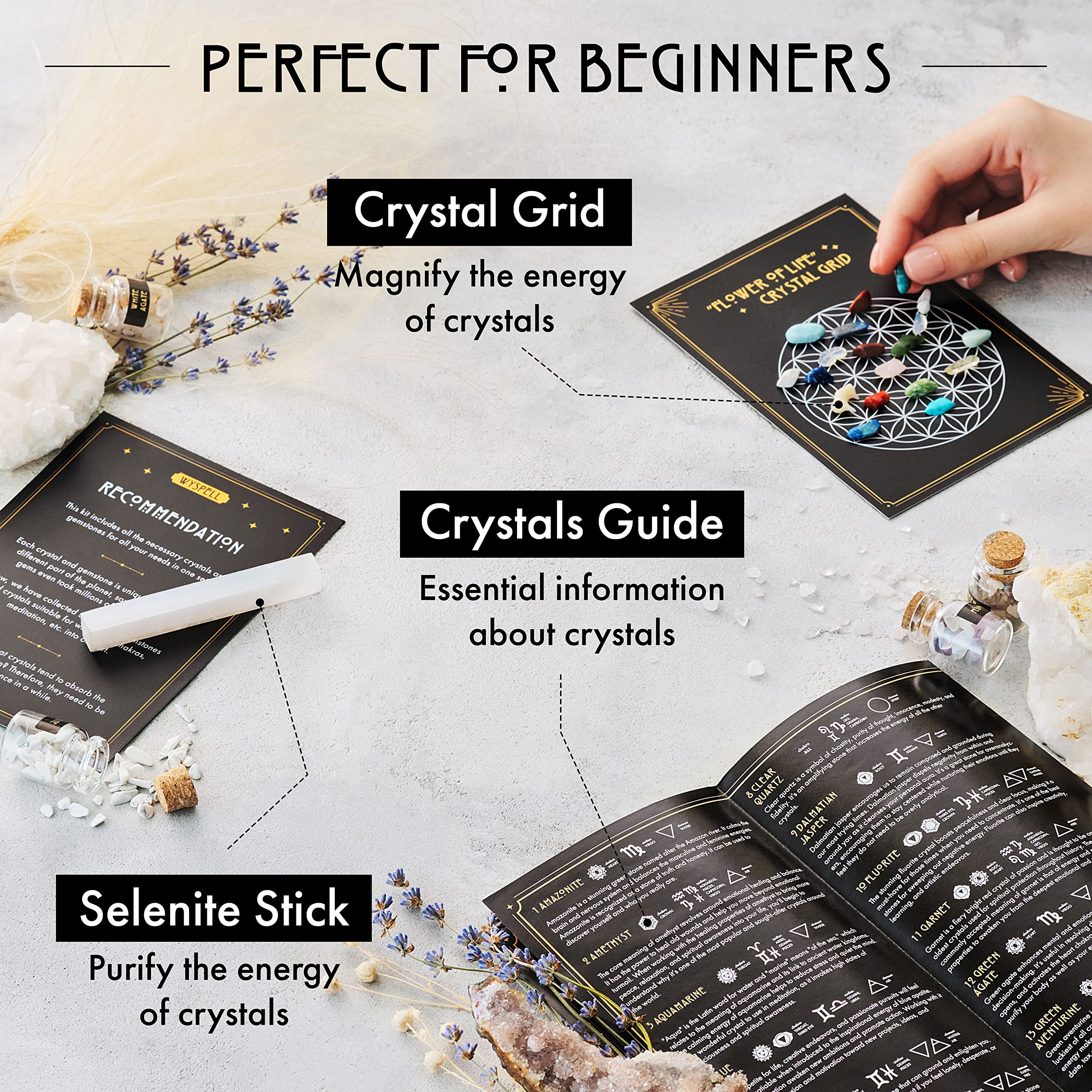 Wyspell Guide and labels help organize crystals for spells and decor.