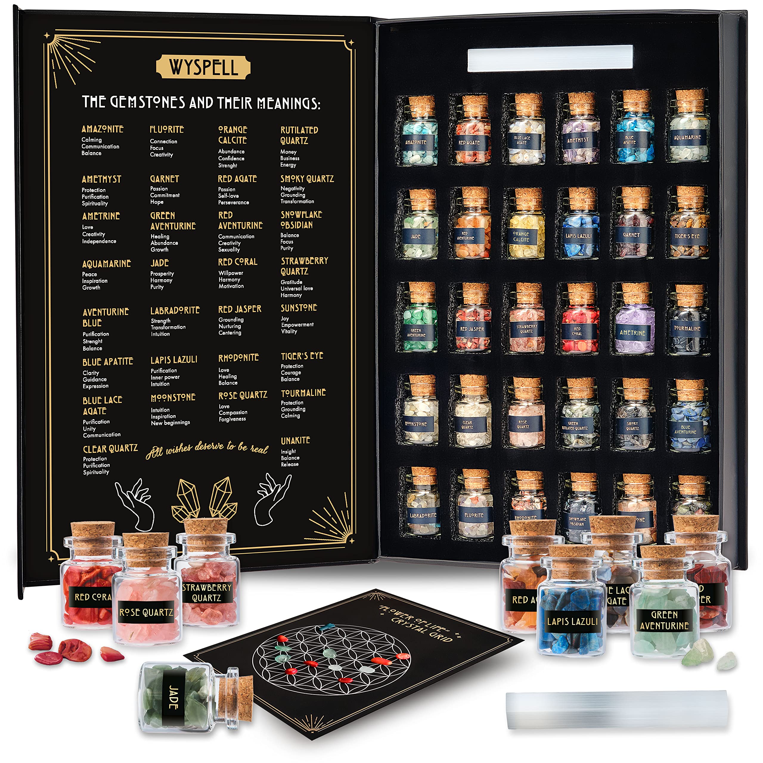 Wyspell Healing Crystals in Jars, a 30-piece kit for altar spellwork and display.