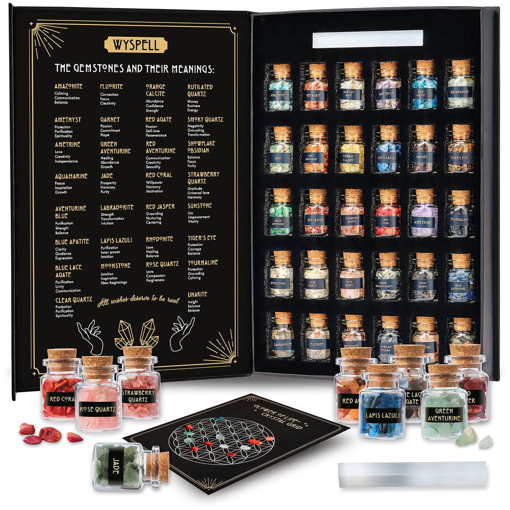 Wyspell Healing Crystals in Jars, a 30-piece kit for altar spellwork and display.
