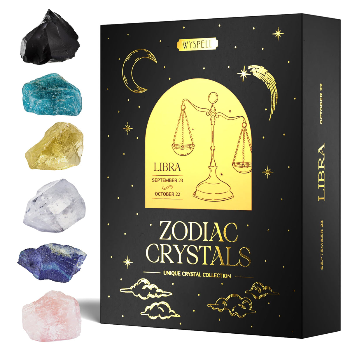 Wyspell Libra crystal set box displays six stones for balanced energy and gift-ready presentation.