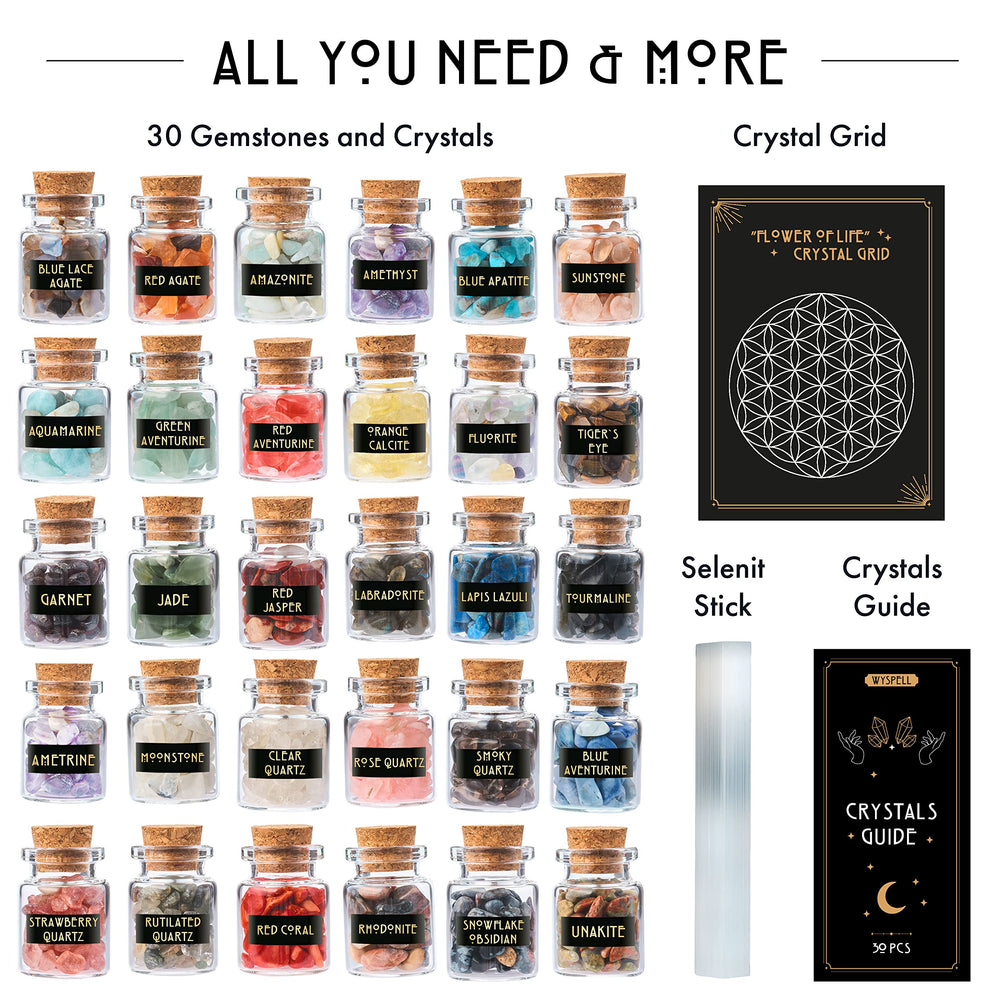 Wyspell Rare Crystals Bottles with labeled chips for precise spell crafting.