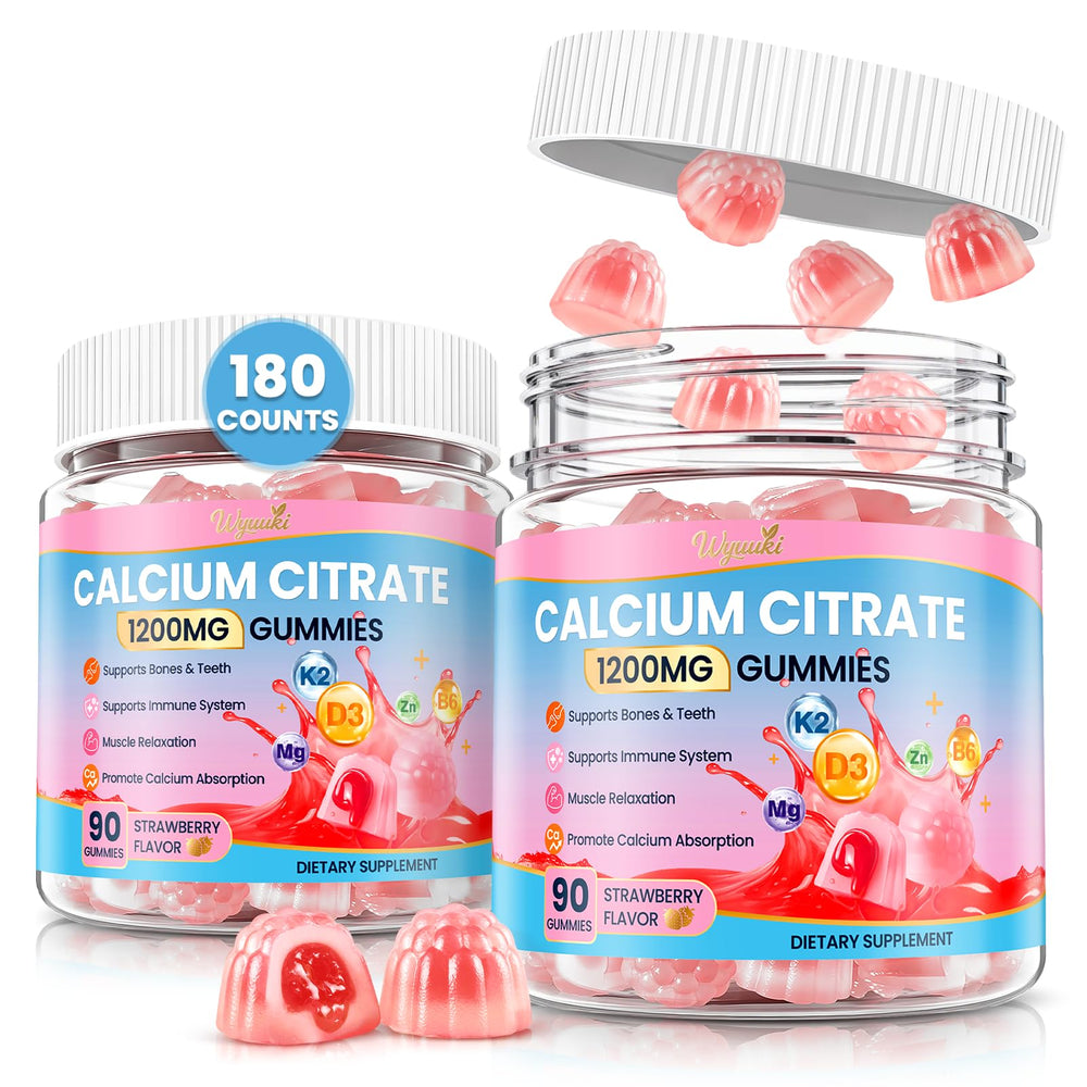 WyuuKi calcium citrate gummies bottle front shows strawberry flavor for daily use