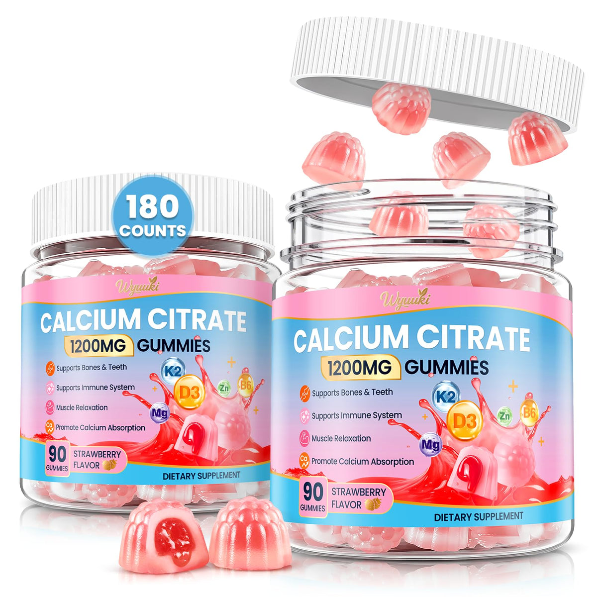 WyuuKi calcium citrate gummies bottle front shows strawberry flavor for daily use