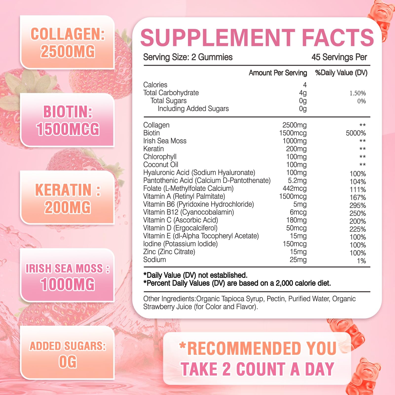 WyuuKi collagen gummies ingredients panel with biotin, keratin, and hyaluronic acid.