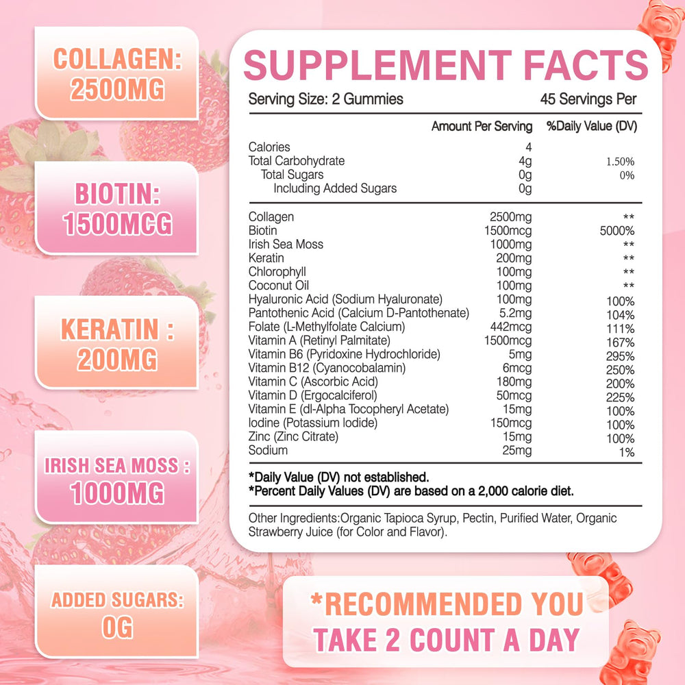 WyuuKi collagen gummies ingredients panel with biotin, keratin, and hyaluronic acid.