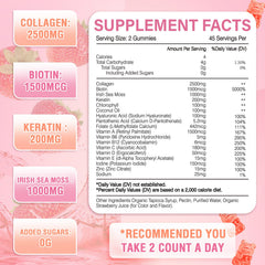WyuuKi collagen gummies ingredients panel with biotin, keratin, and hyaluronic acid.