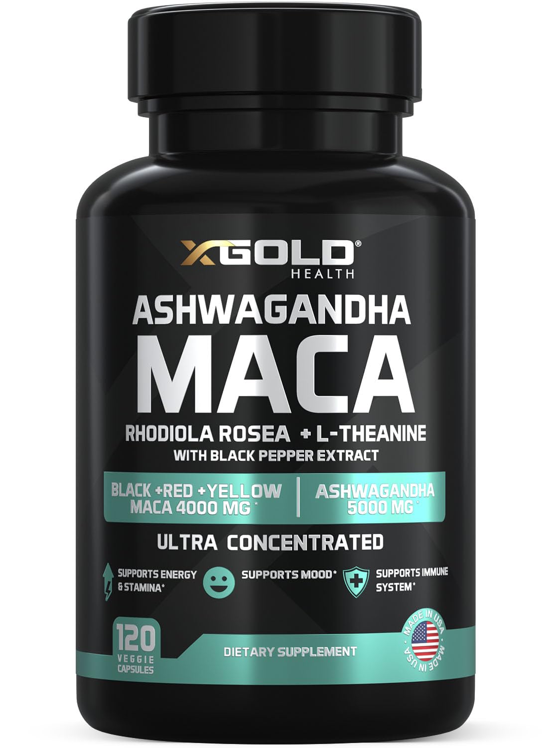 X Gold Health ashwagandha bottle label showing 30:1 extract for energy support