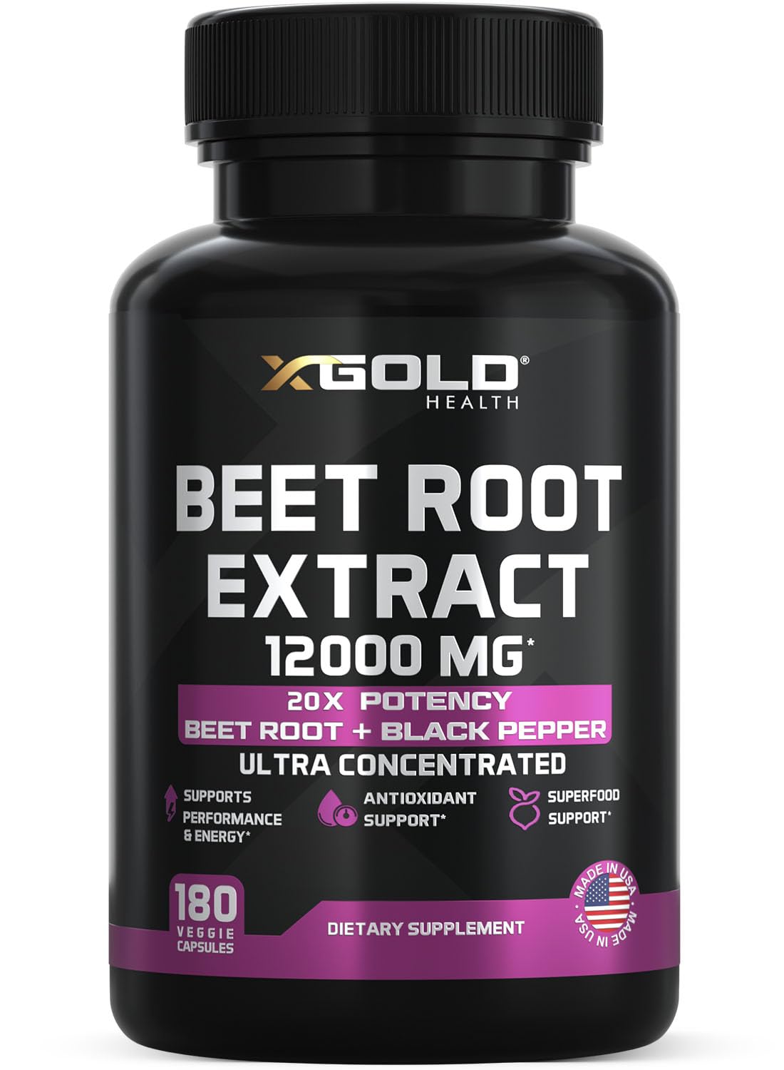 X Gold Health Beet Root bottle showing high-nitrate energy-supporting formula.