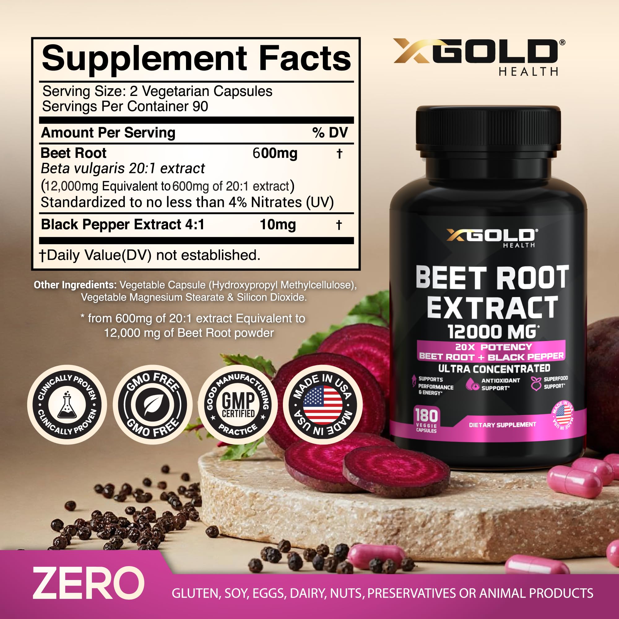 Beet Root label close-up highlighting 20x concentrate and nitrates.