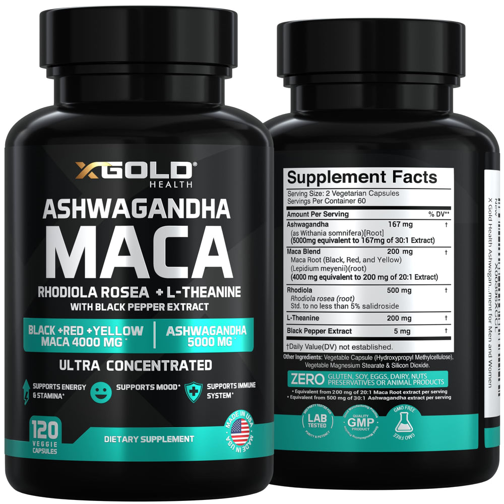 X Gold Health maca root capsules featuring black, red, and yellow blends for vitality