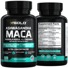 X Gold Health maca root capsules featuring black, red, and yellow blends for vitality