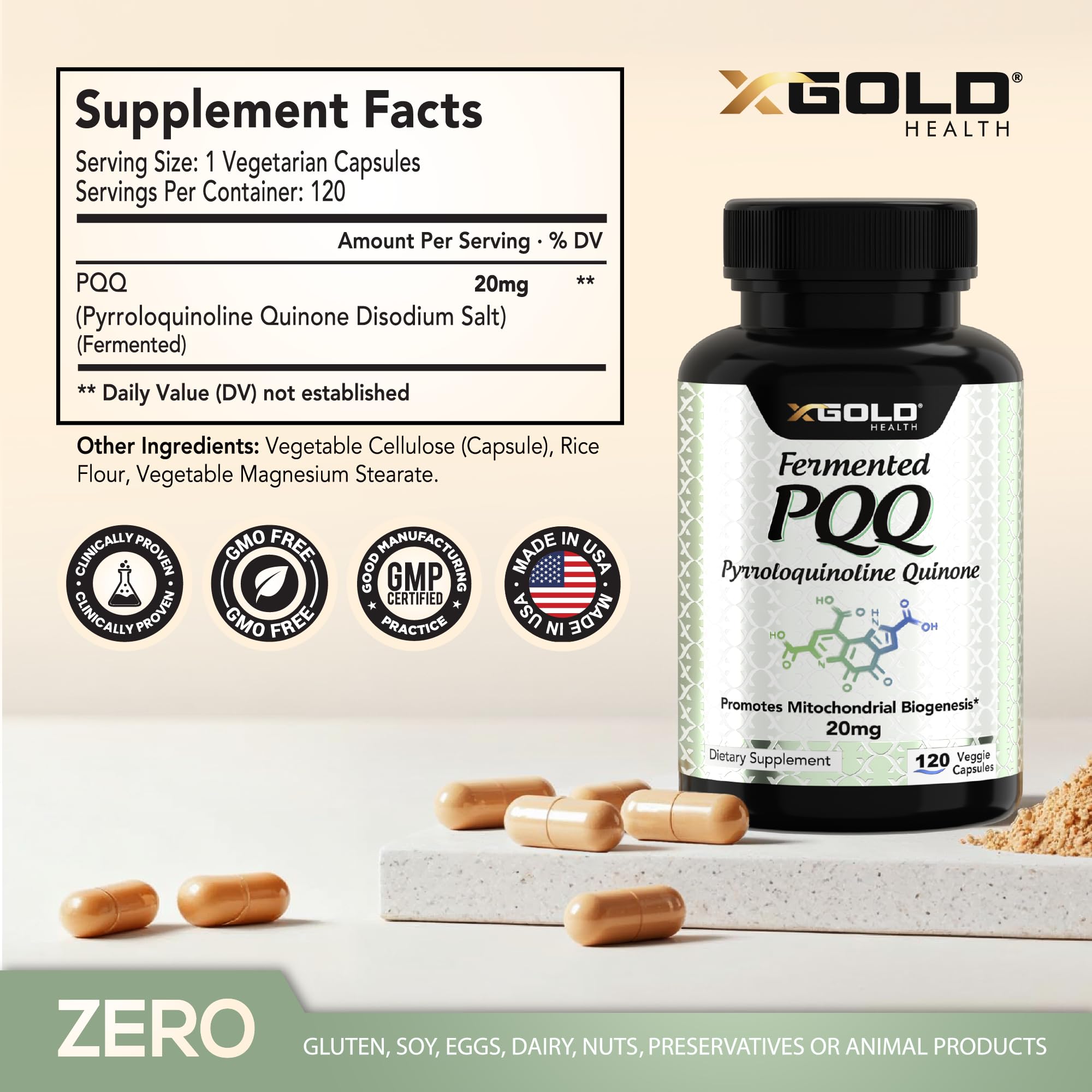 X Gold Health PQQ 20 mg: etiqueta clara con dosis y beneficios potenciados