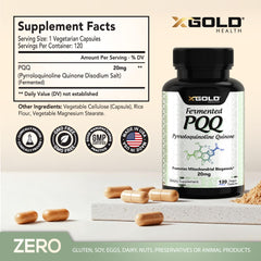 X Gold Health PQQ 20 mg: etiqueta clara con dosis y beneficios potenciados